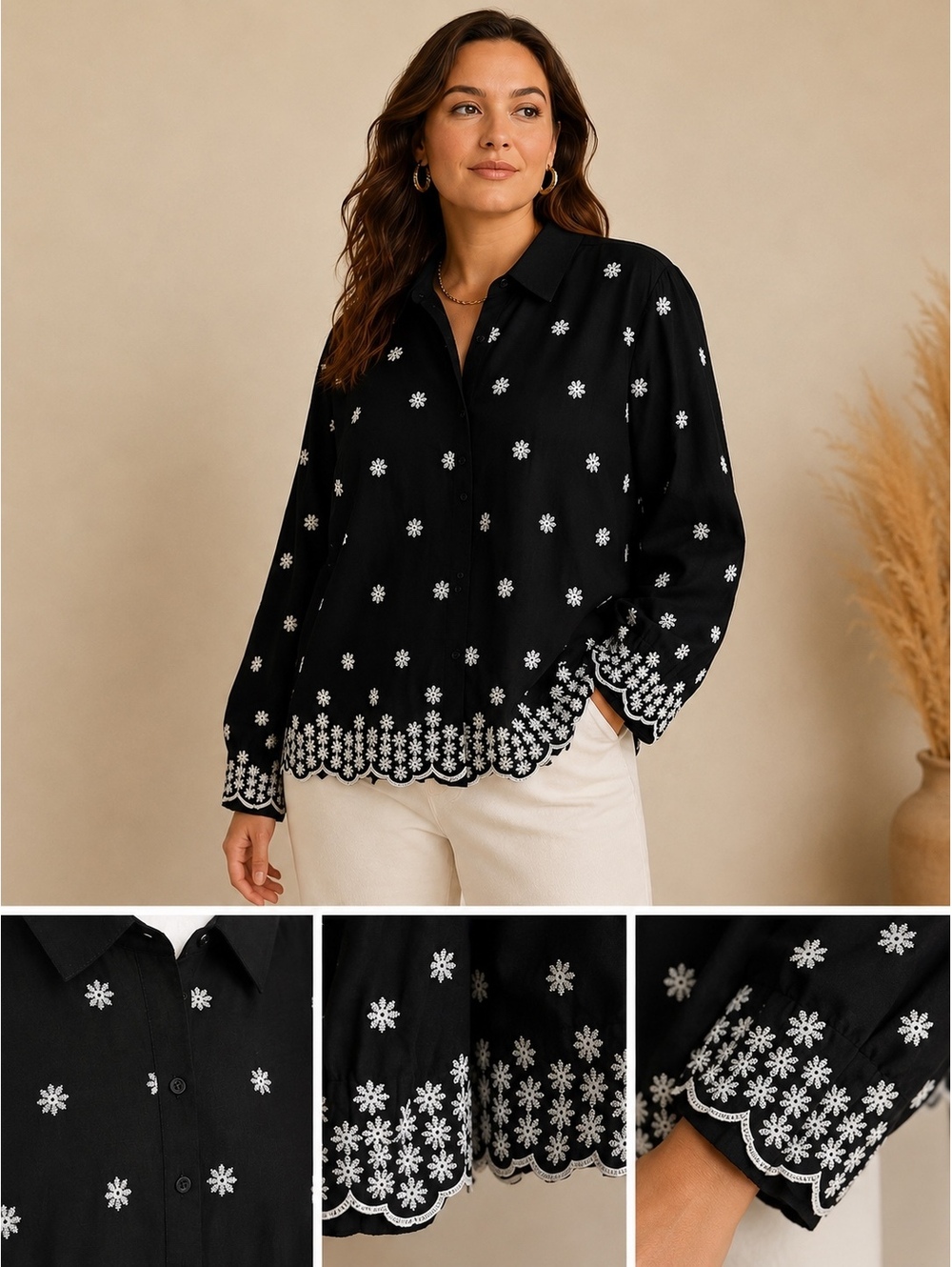 Adiva Black White Floral Embroidered Cotton Blouse Women Plus 1X NWT